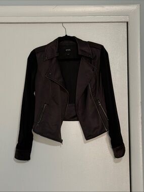 Guess Satin Moto Jacket Sheer Sleeves Black XS